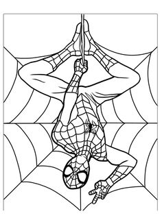 the spiderman is hanging upside down on his web