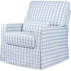 a blue and white gingham chair on a white background