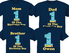 Featuring 3 to 10 shirts with ANY AGE.  Short sleeve shirts with a Sea Animal theme.  The saying can be changed to whatever you need, Daddy of the Birthday Girl, Mommy of the Birthday Boy, Cousin of the Birthday Boy, Sister of the Birthday Girl, etc.  To order this design with 1 or 2 shirts click this link: https://www.etsy.com/listing/996139910/1-or-2-shirts-with-any-age-mom-and-dad? HOW TO ORDER: Please add the below detail in the personalization box. 1. Birthday Child's Shirt - Name (optional Blue Shirt With Character Print For Birthday, Blue Crew Neck Top For First Birthday, Blue Tops With Character Print For Birthday, Blue Character Print Top For Birthday, Blue Family Matching Shirt For Birthday, Family Matching Blue Shirt For Birthday, Blue Custom Print Birthday Shirt, Blue Pre-shrunk Shirt For Birthday, Blue Custom Print Shirt For Birthday