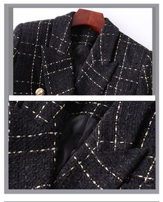 A true English classic. our Harley Tweed Blazer is made of high-quality tweed fabric with a gold plaid pattern. This classic piece is truly versatile and can be worn both during the day with skinny jeans and boots or at night with a dress for a glam look. Per usual orroshop style. the item is decorated with gold buttons. side flap pockets. and peak lapels. Size up if you are between sizes. Luxury Fall Tweed Dress For Office, Luxury Tweed Dress For Fall Office Wear, Luxury Tweed Dress For Office In Fall, Trendy Tweed Jacket For Office, Trendy Tweed Office Jacket, Luxury Winter Tweed Dress, Luxury Tweed Dress For Workwear In Fall, Luxury Tweed Dress For Winter, Black Houndstooth Tweed Jacket For Formal Occasions