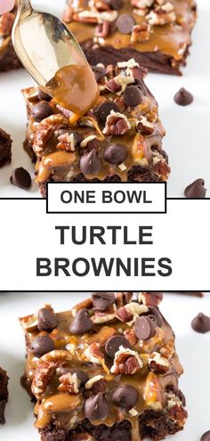 one bowl turtle brownies with chocolate chips and caramel drizzle