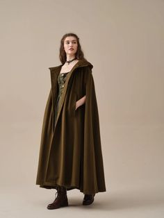 ARIEL 14 | HOODED WOOL CLOAK COAT – Linennaive Medieval Coat Woman, Medieval Long Coat For Winter, Medieval Style Long Winter Coat, Medieval Style Winter Cape Outerwear, Medieval Winter Cape Outerwear, Medieval Style Winter Cape, Elegant Fall Outerwear For Larp, Medieval Style Fall Cape Outerwear, Elvish Cape For Larp In Fall