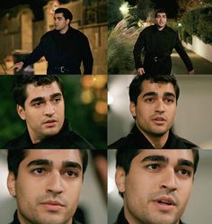 four different pictures of a man in black shirt