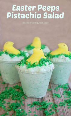 easter peeps pistachio salad in plastic cups with green sprinkles