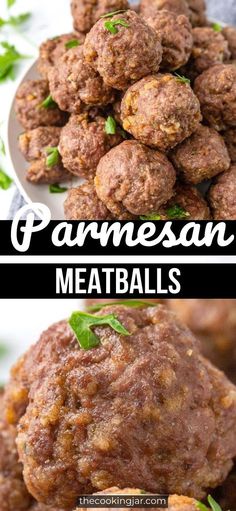 meatballs with parmesan and herbs on top are shown in two different pictures