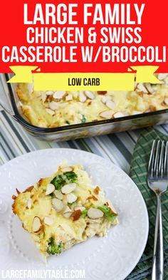 a casserole dish with broccoli and almonds in it on a white plate