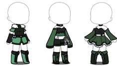 three different views of an anime character in green and black outfits, one is wearing boots