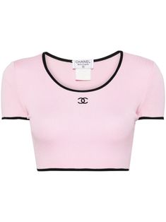 circa 1990-200s pink cotton ribbed knit contrasting trim crew neck short sleeves cropped straight hem Condition: GOOD. This previously owned and used item is in good condition with minimal signs of use. This may include fading of material or plating and scratches. Purchasing this item continues its narrative and reduces the environmental impact by avoiding the use of new resources needed to make the product from scratch, such as water, materials and electricity, and avoiding additional manufacturing impact. Learn more about what makes a product Conscious on our Conscious Criteria page Aespa Closet, Chanel Clothes, Chanel Boutique, Chanel Shirt, Chanel Outfit, Contrasting Trim, Environmental Impact, Pink Cotton, Cropped Top