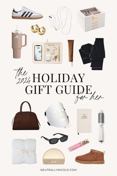 the holiday gift guide for her is on display in front of a white background with black lettering