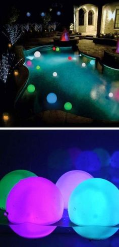 three different colored lights in front of a swimming pool at night and on the ground