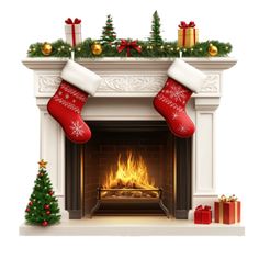 a christmas fireplace with stockings and presents