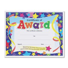 an award certificate with stars and confetti on the border, for children to be awarded