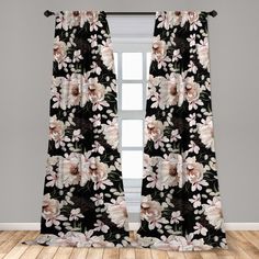 black and white floral curtains with pink flowers