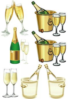 champagne bottles and glasses filled with wine in buckets, on a white background illustration