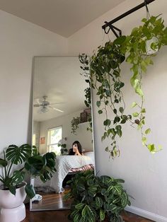 there is a mirror and some plants in the room