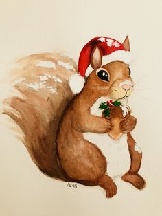 a watercolor painting of a squirrel wearing a santa hat and holding a holly berry