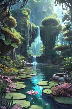 a painting of a waterfall in the middle of a forest filled with water lilies