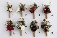 six different boutonniers with flowers on them are arranged in order to match the bouquet