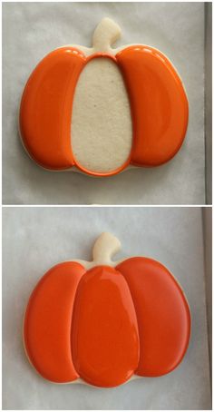 two pictures of pumpkin shaped cookies with icing