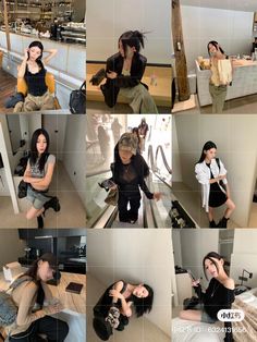 multiple pictures of women sitting and standing in front of a mirror