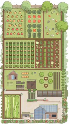 an illustrated garden plan with lots of trees and plants in it, including carrots