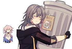 an anime character holding onto a trash can