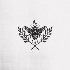 a black and white drawing of a bee sitting on top of a leafy branch