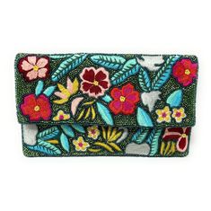 Introducing our stunning hand beaded floral clutch purse, meticulously made using seed beads and green fabric. This Twine and Love beautiful accessory is handcrafted with care and attention to detail, making it perfect for any occasion. Stand out from the crowd with this unique and elegant purse that will add a touch of sophistication to your ensemble. The entire front of the clutch is covered with beautiful embroidered flowers and green seed beads.  It can be use as a clutch or cross body bag. Green Beaded Rectangular Evening Bag, Summer Beaded Clutch As Gift, Green Beaded Rectangular Clutch, Green Beaded Evening Bag For Party, Bohemian Green Clutch As Gift, Traditional Green Beaded Bag, Traditional Green Beaded Bags, Green Embroidered Evening Bag For Party, Embroidered Green Pouch Clutch