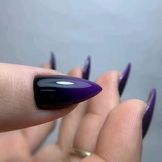 Coffin Shape Witchy Nails, Almond Nails Witchy Designs, Black And Purple Ombre Nails Almond, Black Nails With Purple Tips, Sharp Almond Acrylic Nails, Goth Nails Stiletto, Alt Nail Ideas, Stiletto Nails Designs Short, Short Stelito Nails