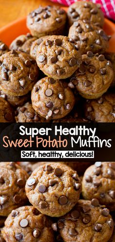 super healthy sweet potato muffins soft, healthy and delicious with chocolate chips on top