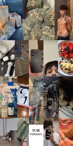 a collage of photos with cell phones, money, and other things in them