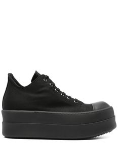 black canvas satin finish metal eyelet detailing contrasting toecap round toe front lace-up fastening branded insole double-stacked shark tooth sole This piece comes complete with a protective dust bag. Black Canvas Platform Sneakers With Rubber Sole, Canvas Platform Sneakers With Contrast Sole For Streetwear, Canvas Platform Sneakers With Rubber Sole For Streetwear, Modern Canvas Platform Sneakers With Contrast Sole, Modern Canvas Platform Sneakers With Rubber Sole, Modern Platform Sneakers For Streetwear, Reebok Club C, Rick Owens Drkshdw, Versace Outfit