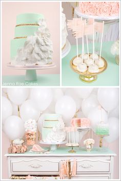 a collage of photos with cake, balloons and desserts on it's sides