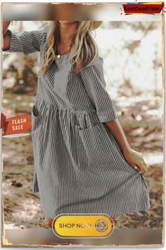 Daily A Line Crew Neck Half Sleeve Stripe Dresses with Pockets P118947 Fall Beach Dresses With Pockets, Beach Dresses With Pockets For Fall, Casual Striped Mini Dress For Fall, Casual Striped Shift Dress, Long Sleeve Gray Beach Dress, Gray Long Sleeve Beach Dress, Spring Gray Shift Dress, Gray Long Sleeve Midi Dress For Summer, Casual Striped Midi Dress For Fall