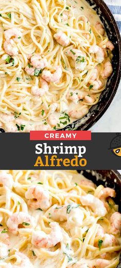 creamy shrimp alfredo in a cast iron skillet