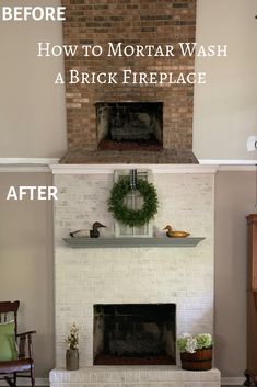 before and after pictures of a brick fireplace with wreaths on the mantel above it