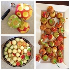 there are four pictures of different food items on the table, including apples and donuts