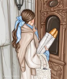 a painting of a woman opening a mailbox with bread in her hand and looking at it