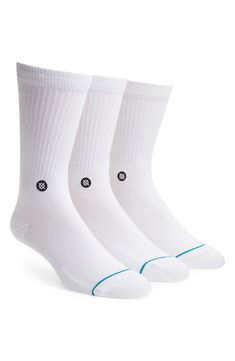 A soft and stretchy combed-cotton blend defines versatile crew socks with a classic ribbed texture. Pack of three assorted pairs Cotton/polyester/elastane/nylon Machine wash, tumble dry Imported Casual White Ribbed Socks, White Ribbed Cotton Socks, Platform Slippers, Mens Eyewear, Clutch Pouch, Maternity Shops, Ribbed Texture, Kids Sandals, Fragrance Design