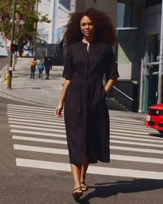 The Frolic Dress in Linen Black – Everlane Minimal Wardrobe, Collar Neck, A Stand, Black Shirt Dress, Linen Women, Linen Dress, Stand Collar, Midi Length, Jumpsuit Dress