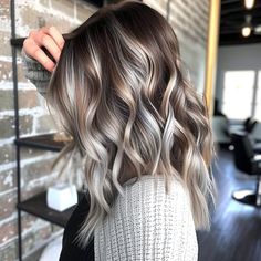 Silver And Brunette Hair, Dark Brown Salt And Pepper Hair, Dark Brown Hair With Grey Highlights Gray Ash Blonde, Silver And Dark Brown Hair, Ash Brown Hair With Silver Highlights, Silver And Blonde Highlights, Katie Hairstyles, Silver And Brown Hair, Winter Brunette Hair Color Balayage