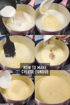 four pictures showing how to make cheese fondue in the same pan as it is being cooked