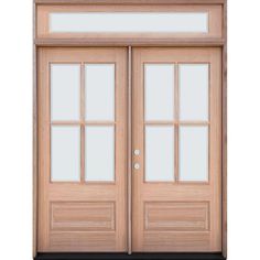 a pair of double doors with glass panels on the front and side door, both in light wood