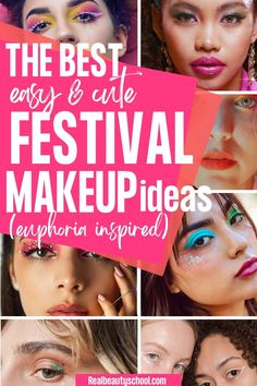 different easy festival makeup ideas using glitter, rhinestones, colorful eyeshadows, pink and basic makeup ideas for raves Festival Gifts Diy, Rave Face Makeup, Festival Makeup For Hooded Eyes, Easy Rave Makeup Ideas, Rave Glitter Makeup, Makeup Looks Rhinestones, Carnival Makeup Ideas Easy, Edm Makeup Ideas, Rave Makeup Ideas Festivals