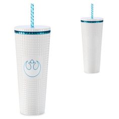 two white tumblers with blue straws on the top and one has a star wars symbol