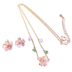 🌸 2 PACK | Hypoallergenic crystal floral stud earrings and necklace beads matching set. Beautiful romantic rose gold jewelry set for women, teens, and girls fashion.🌸 SAKURA | Dainty cute sakura cherry blossom designs are an iconic Japanese flower shown in this adorable, elegant beautiful design. Spring is here! Fantastic gift too for birthdays, weddings, and other special occasions.🌸 PINK | Pastel pink lacquer, green beads, and rose gold floral pendant, and sterling silver chain. High qualit Yesstyle Accessories, Sakura Jewelry, Sakura Necklace, Cute Sakura, Sakura Design, Rose Gold Jewelry Set, Gold Jewelry Set, Necklace Matching, Japanese Flower