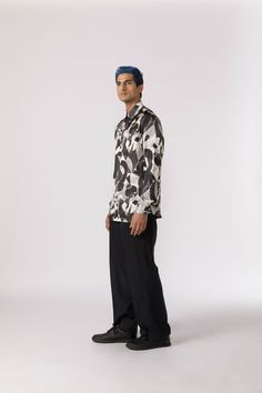 Full sleeve printed shirt in an abstract design Fit: Regular fit Color: blackFabric: Modal satin White Floral Print Shirt For Formal Occasions, Formal Silk Printed Shirt, Modern Long Sleeve Silk Shirt, Casual Black Silk Shirt, Black Shirt With Abstract Print For Spring, Black Formal Shirt With Graphic Print, Abstract Black And White, Full Sleeve, Black Fabric