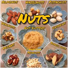 a poster with nuts on it and the words nuts written in different languages, including almonds, pistachios, walnuts, cashews, peanut butter, pecans, peanuts