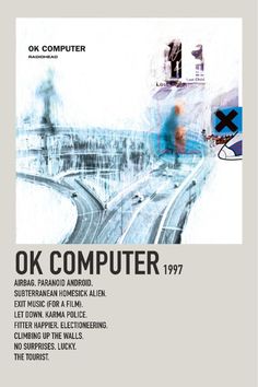 an advertisement for the ok computer, featuring a man walking on a road with buildings in the background