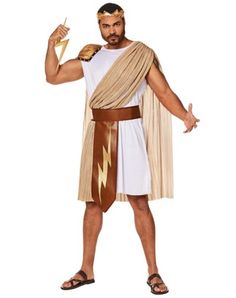 a man dressed in an ancient greek costume and holding a lightning bolt on his left arm